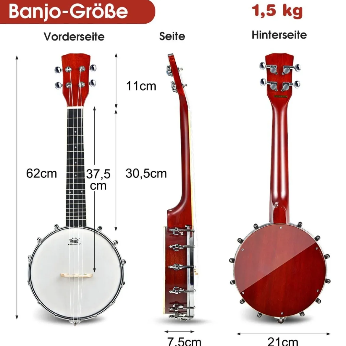 4 Saiten Banjo 24 Zoll mit Reinigungstuch Stimmgerät Gurt Saiten Tasche Reise Banjolele Set für Kinder & Anfänger