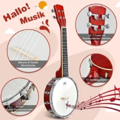 4 Saiten Banjo 24 Zoll mit Reinigungstuch Stimmgerät Gurt Saiten Tasche Reise Banjolele Set für Kinder & Anfänger