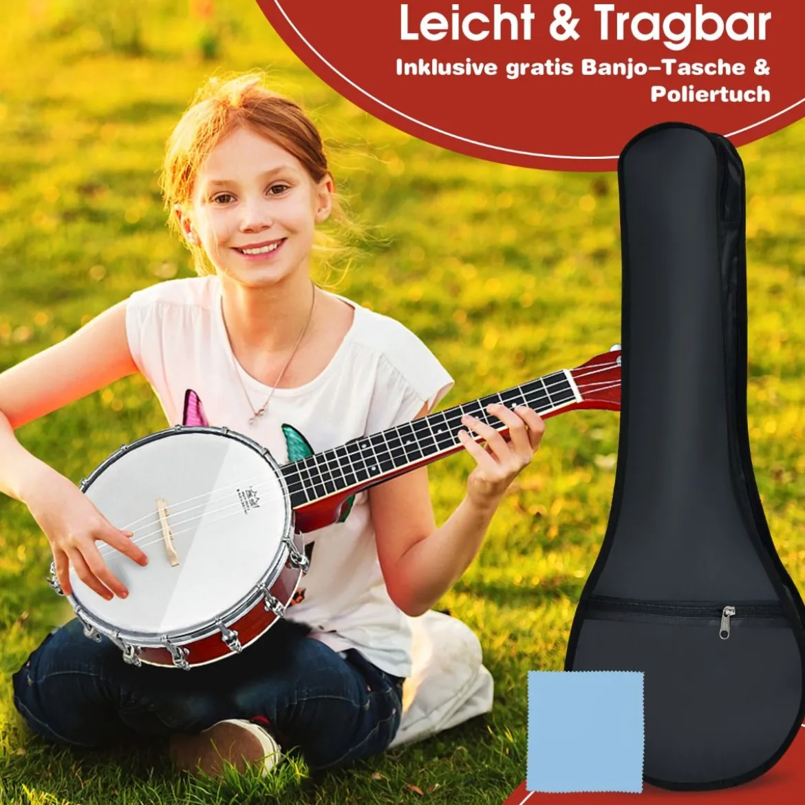4 Saiten Banjo 24 Zoll mit Reinigungstuch Stimmgerät Gurt Saiten Tasche Reise Banjolele Set für Kinder & Anfänger