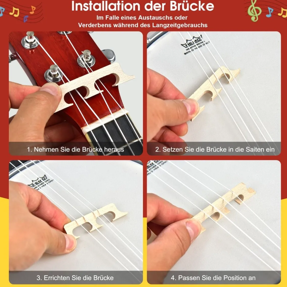 4 Saiten Banjo 24 Zoll mit Reinigungstuch Stimmgerät Gurt Saiten Tasche Reise Banjolele Set für Kinder & Anfänger