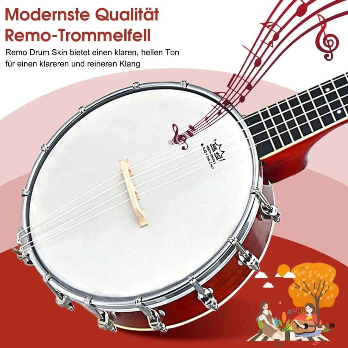 4 Saiten Banjo 24 Zoll mit Reinigungstuch Stimmgerät Gurt Saiten Tasche Reise Banjolele Set für Kinder & Anfänger
