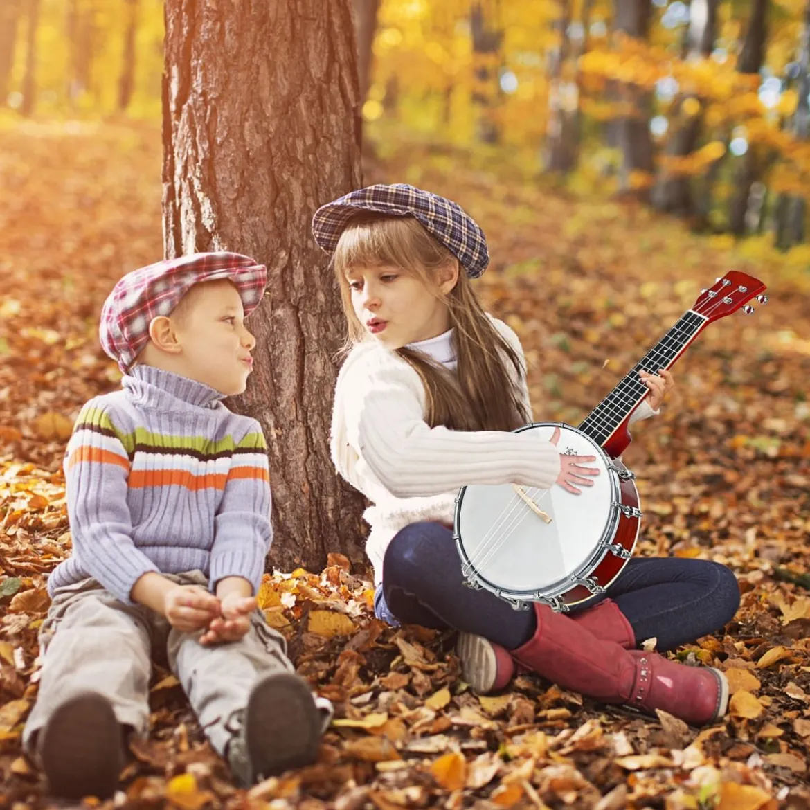 4 Saiten Banjo 24 Zoll mit Reinigungstuch Stimmgerät Gurt Saiten Tasche Reise Banjolele Set für Kinder & Anfänger