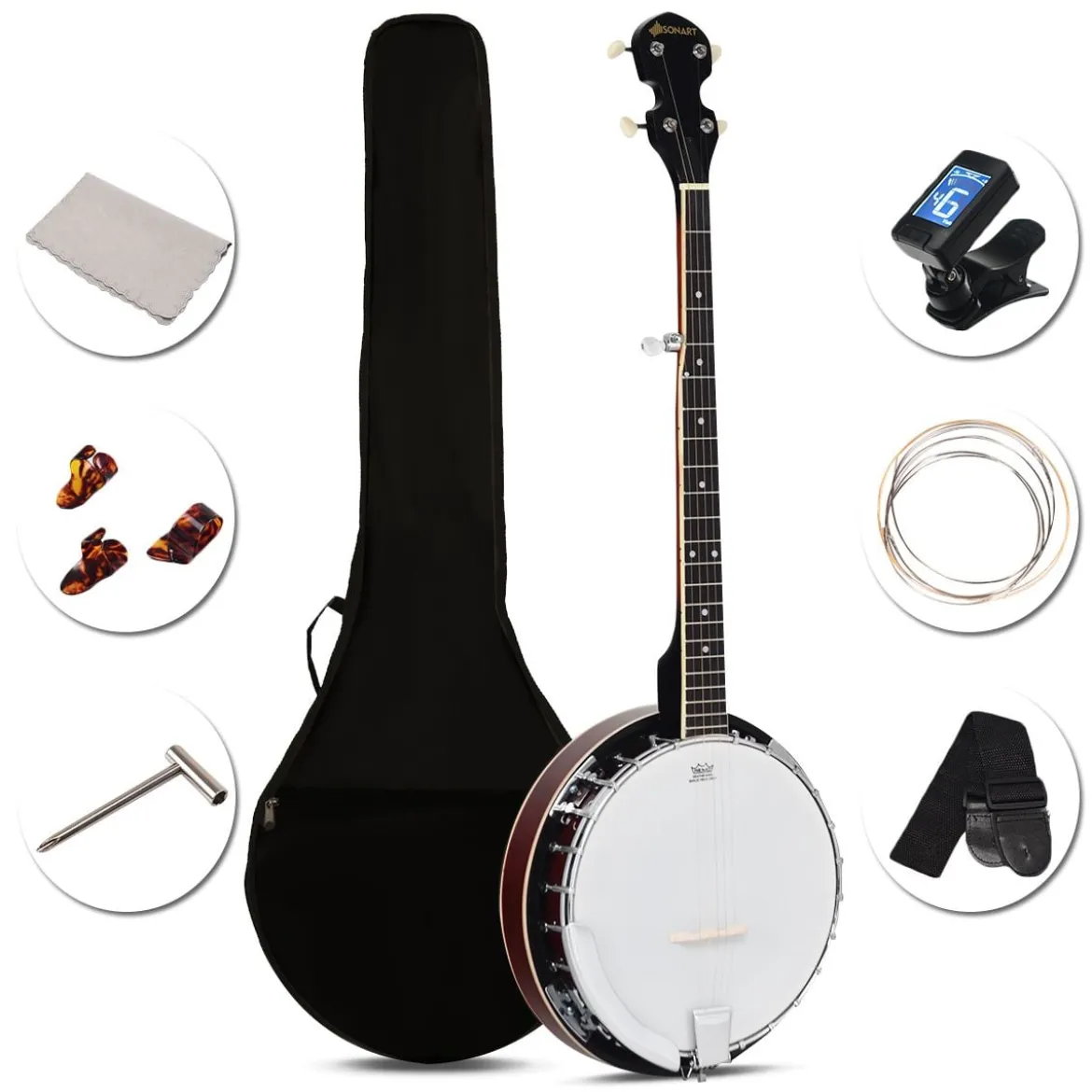 5-saitiges Banjo mit 3 Plektren Braun Holz 33,5 x 10,5 x 97 cm