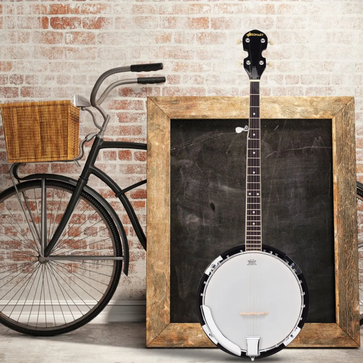 5-saitiges Banjo mit 3 Plektren Braun Holz 33,5 x 10,5 x 97 cm
