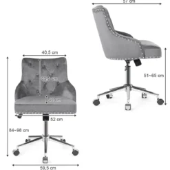 Samt Akzent Sessel Bürostuhl mit Rädern Verstellbarer Arbeitsstuhl 59,5 x 57 x 84 - 98 cm Grau