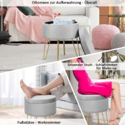 Samthocker Schminkhocker Sitzhocker Fußhocker Polsterhocker mit Stauraum Grau