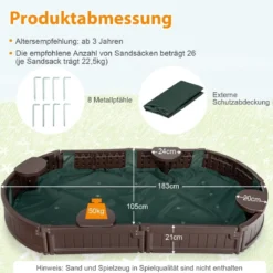 Sandbox Sandkasten mit Wasserdichter Abdeckung 183 x 105 x 21 cm Braun