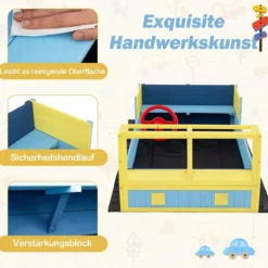 Sandkasten aus Holz Sandkiste im Feuerwehrauto-Design mit Drehbarem Steuerrad & Sitzbank
