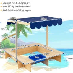 Sandkasten für Kinder im Freien Überdachter Sandkasten 115 x 115 x 121 cm Natur + Blau