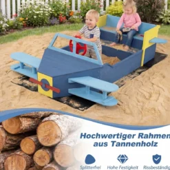 Sandkasten Kinder Segelflugzeug Sandkasten Holz mit Drehbarem Steuerrad Buntem Propeller