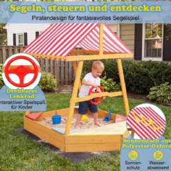 Sandkasten mit Dach Schiff Holzsandkasten mit Steuerrad 4 Ecksitzen & Bodenplane 103 x 135 x 140 cm