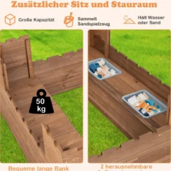 Sandkasten mit Staufächern & Flaggen Sandkiste Holz für 1-2 Kinder ab 3 Jahre 113 x 116 cm