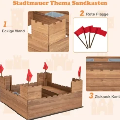 Sandkasten mit Staufächern & Flaggen Sandkiste Holz für 1-2 Kinder ab 3 Jahre 113 x 116 cm
