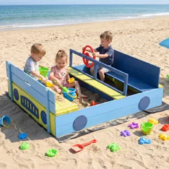 Sandkasten Sandkiste mit Sitzbank klappbarem Deckel & Sandkastenvlies Sandbox aus Tannenholz Blau