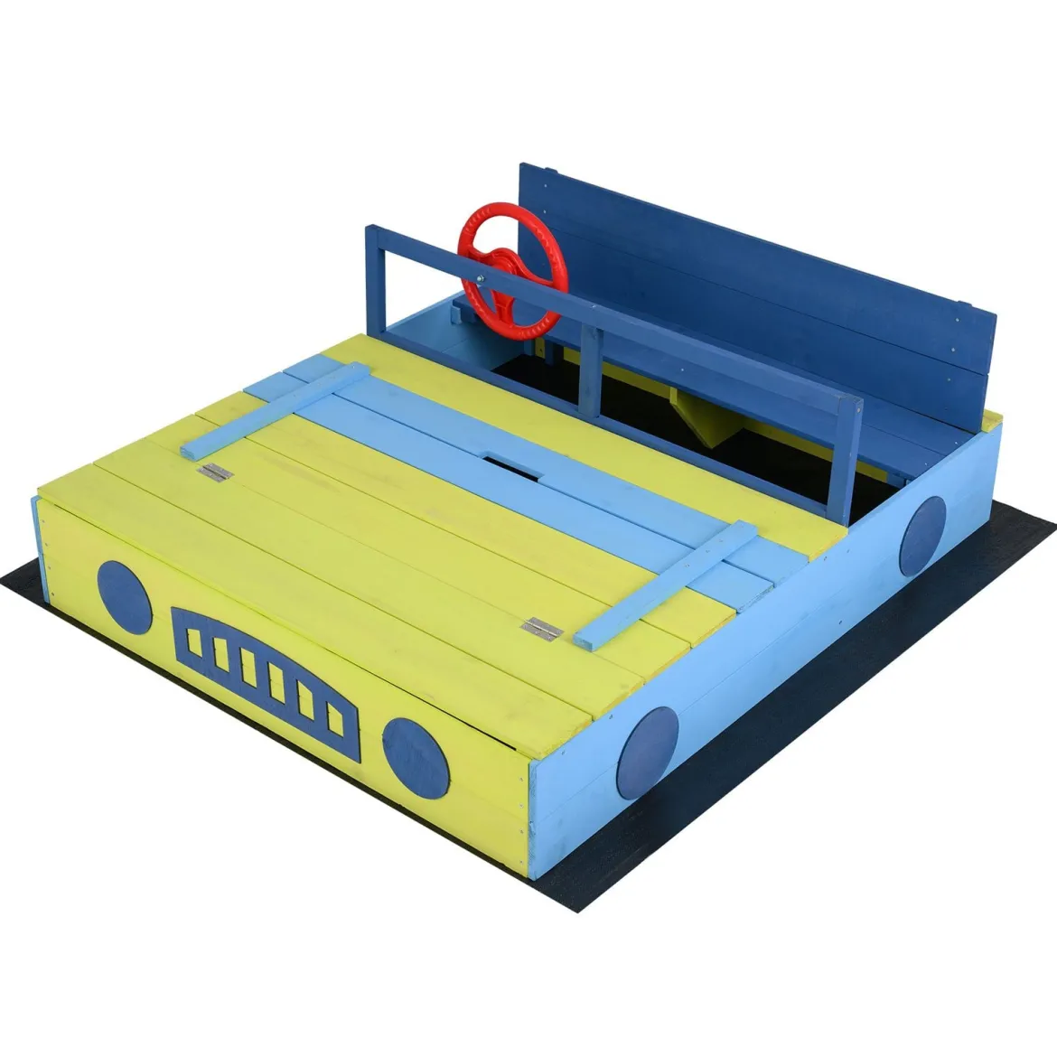 Sandkasten Sandkiste mit Sitzbank klappbarem Deckel & Sandkastenvlies Sandbox aus Tannenholz Blau