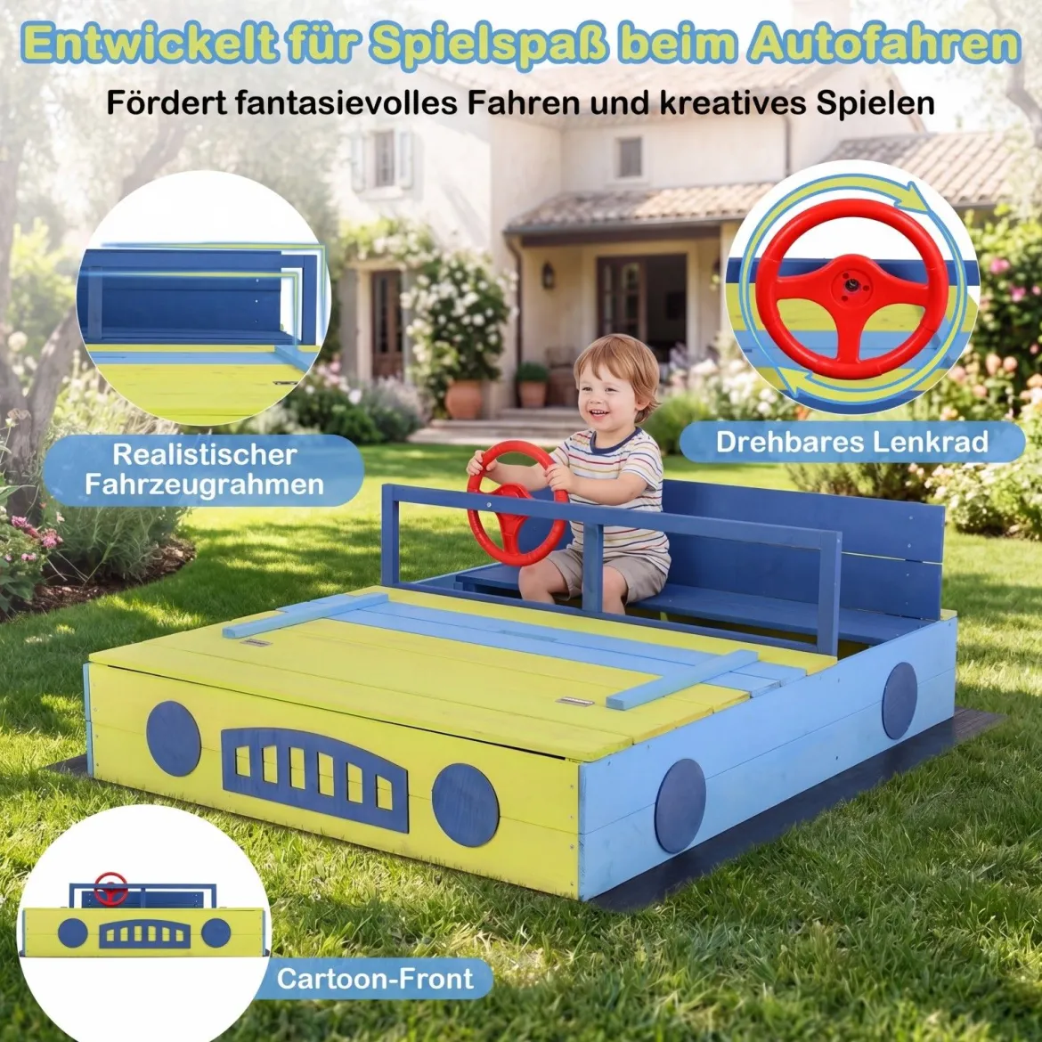 Sandkasten Sandkiste mit Sitzbank klappbarem Deckel & Sandkastenvlies Sandbox aus Tannenholz Blau