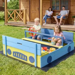 Sandkasten Sandkiste mit Sitzbank klappbarem Deckel & Sandkastenvlies Sandbox aus Tannenholz Blau