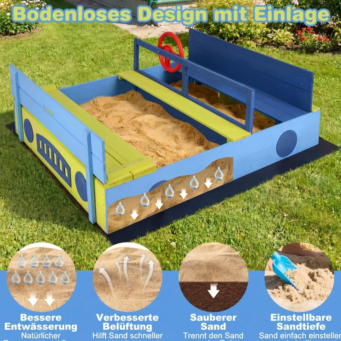 Sandkasten Sandkiste mit Sitzbank klappbarem Deckel & Sandkastenvlies Sandbox aus Tannenholz Blau