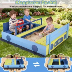 Sandkasten Sandkiste mit Sitzbank klappbarem Deckel & Sandkastenvlies Sandbox aus Tannenholz Blau