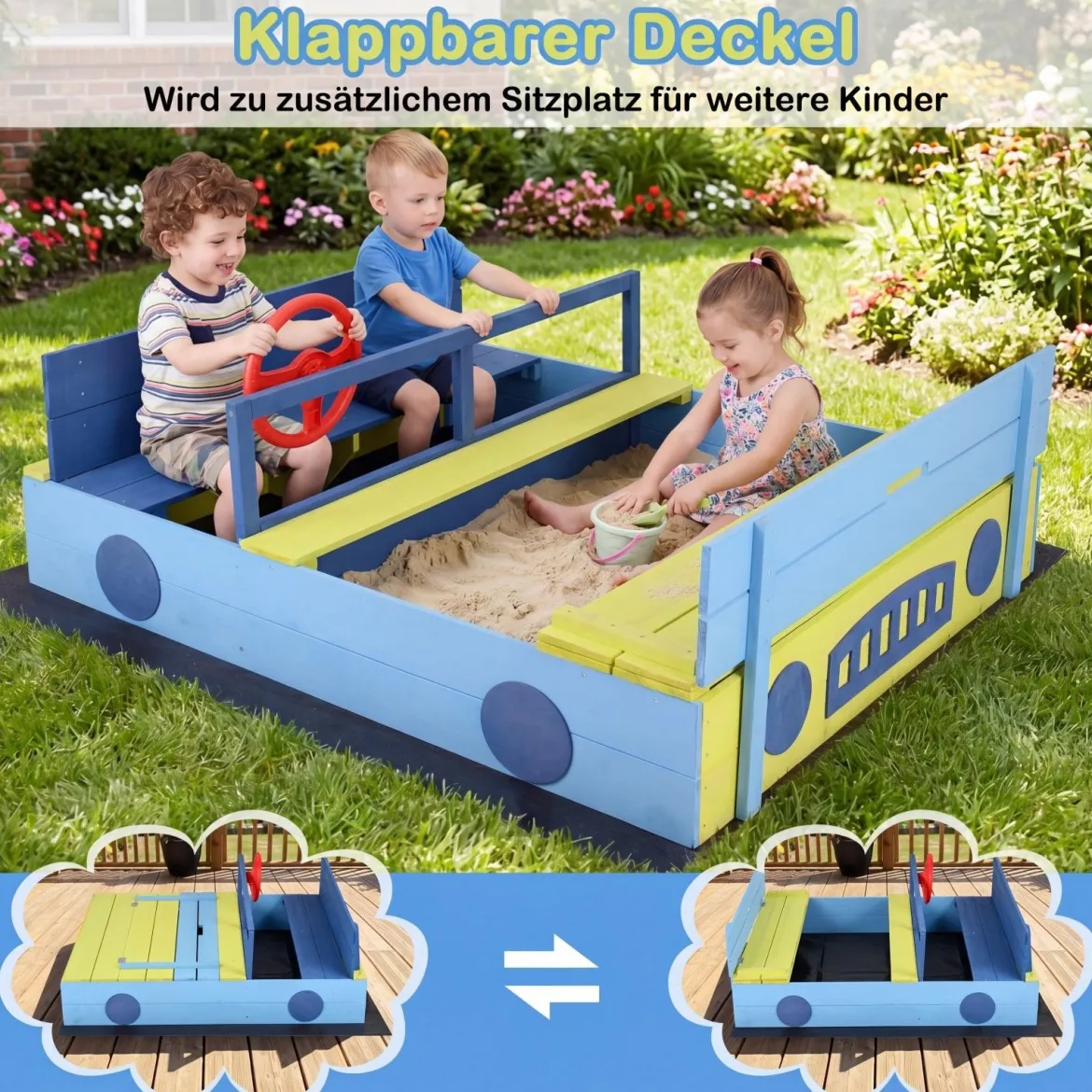 Sandkasten Sandkiste mit Sitzbank klappbarem Deckel & Sandkastenvlies Sandbox aus Tannenholz Blau