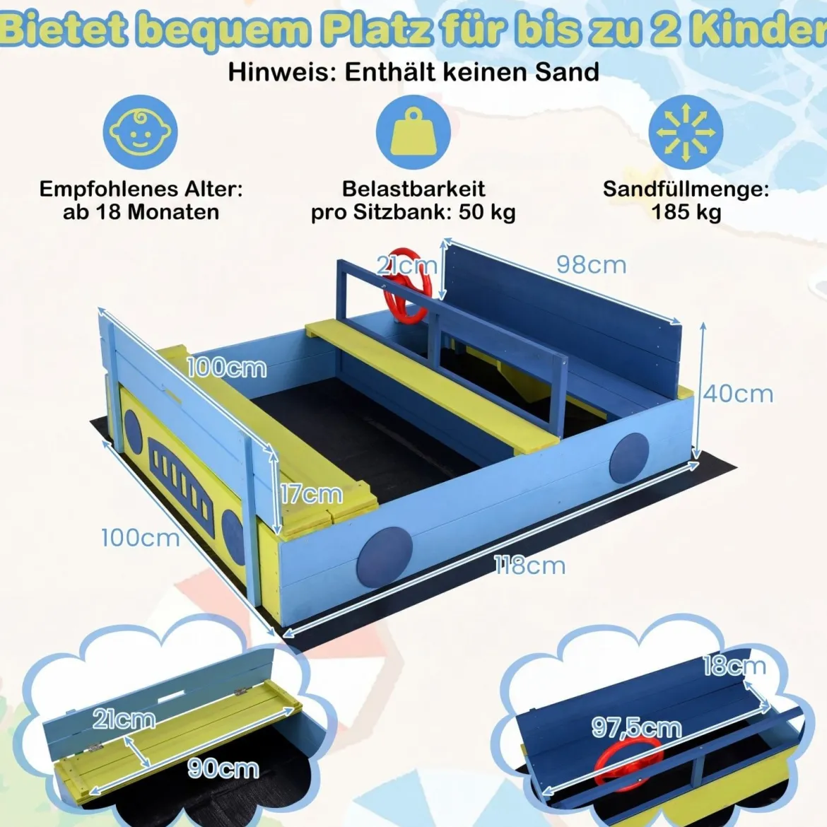 Sandkasten Sandkiste mit Sitzbank klappbarem Deckel & Sandkastenvlies Sandbox aus Tannenholz Blau