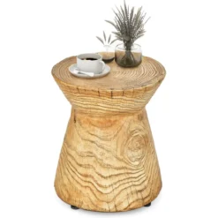 Sanduhrförmiger Beistelltisch 43 cm hoher holzähnlicher Hocker wetterfester Balkontisch runder Sofatisch mit Holzmaserung Natur