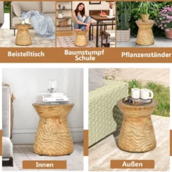 Sanduhrförmiger Beistelltisch 43 cm hoher holzähnlicher Hocker wetterfester Balkontisch runder Sofatisch mit Holzmaserung Natur