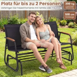 Schaukelbank für 2 Personen Terrassenbank mit geschwungenen Teakholz-Armlehnen Schwarz