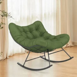 Schaukelstuhl für drinnen & draußen übergroßer Papasan-Stuhl mit gepolstertem Kissen Terrassensessel mit 205 kg Tragkraft Grün