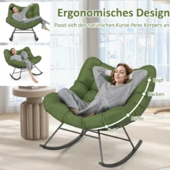 Schaukelstuhl für drinnen & draußen übergroßer Papasan-Stuhl mit gepolstertem Kissen Terrassensessel mit 205 kg Tragkraft Grün