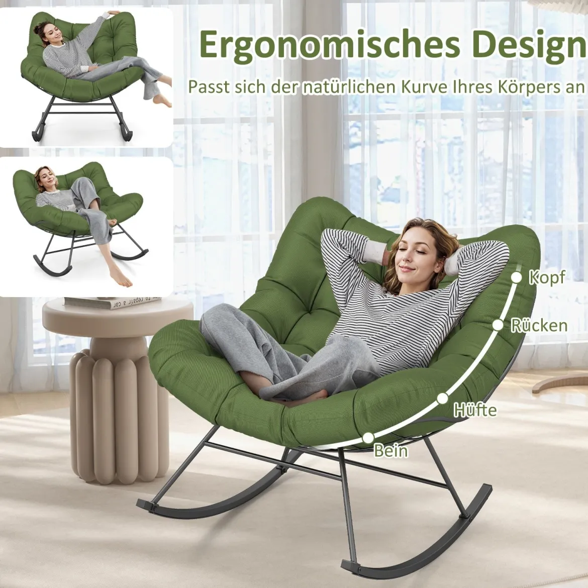 Schaukelstuhl für drinnen & draußen übergroßer Papasan-Stuhl mit gepolstertem Kissen Terrassensessel mit 205 kg Tragkraft Grün