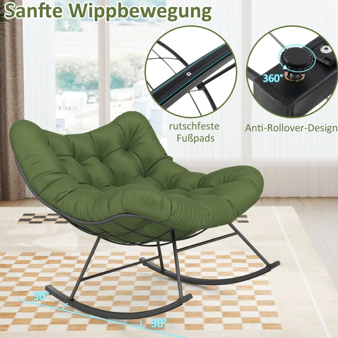 Schaukelstuhl für drinnen & draußen übergroßer Papasan-Stuhl mit gepolstertem Kissen Terrassensessel mit 205 kg Tragkraft Grün