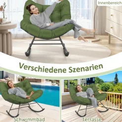 Schaukelstuhl für drinnen & draußen übergroßer Papasan-Stuhl mit gepolstertem Kissen Terrassensessel mit 205 kg Tragkraft Grün
