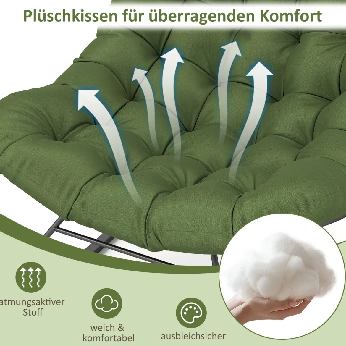 Schaukelstuhl für drinnen & draußen übergroßer Papasan-Stuhl mit gepolstertem Kissen Terrassensessel mit 205 kg Tragkraft Grün