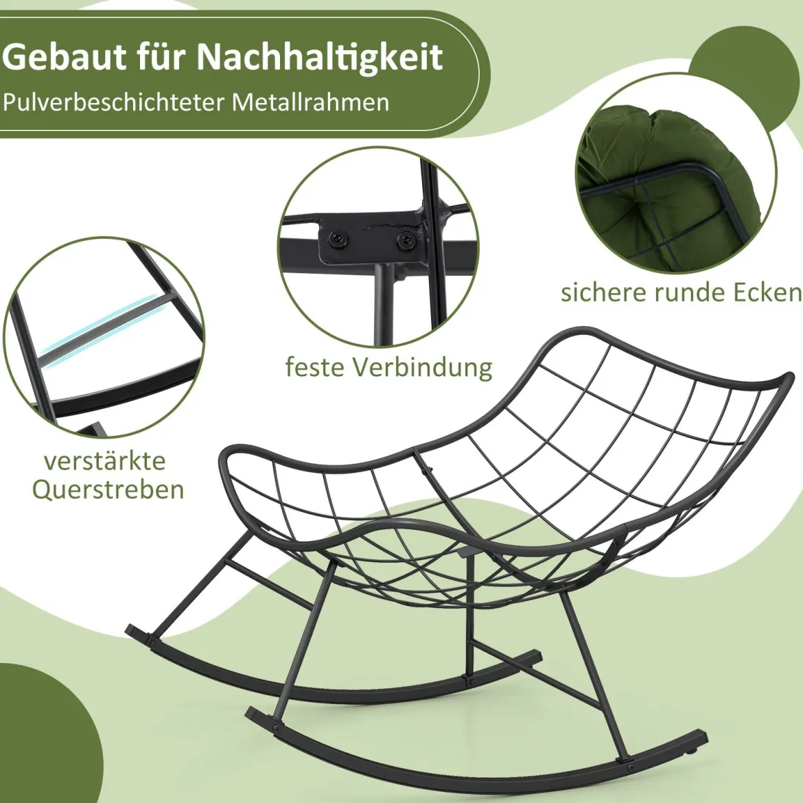 Schaukelstuhl für drinnen & draußen übergroßer Papasan-Stuhl mit gepolstertem Kissen Terrassensessel mit 205 kg Tragkraft Grün