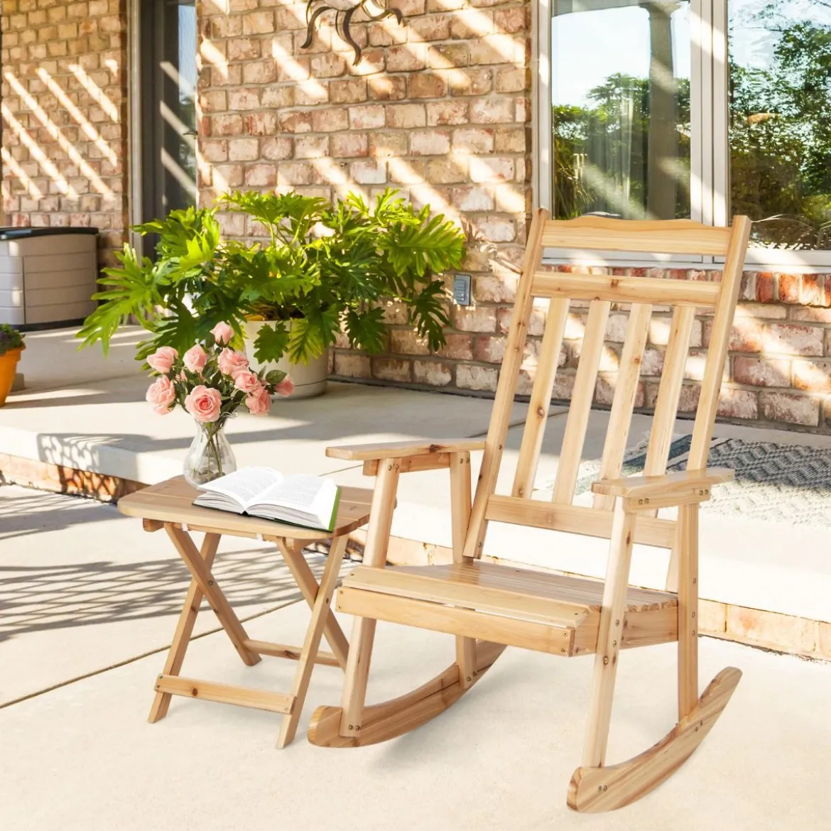 Schaukelstuhl & Klapptisch aus massivem Tannenholz Terrassenmöbel-Set Natur