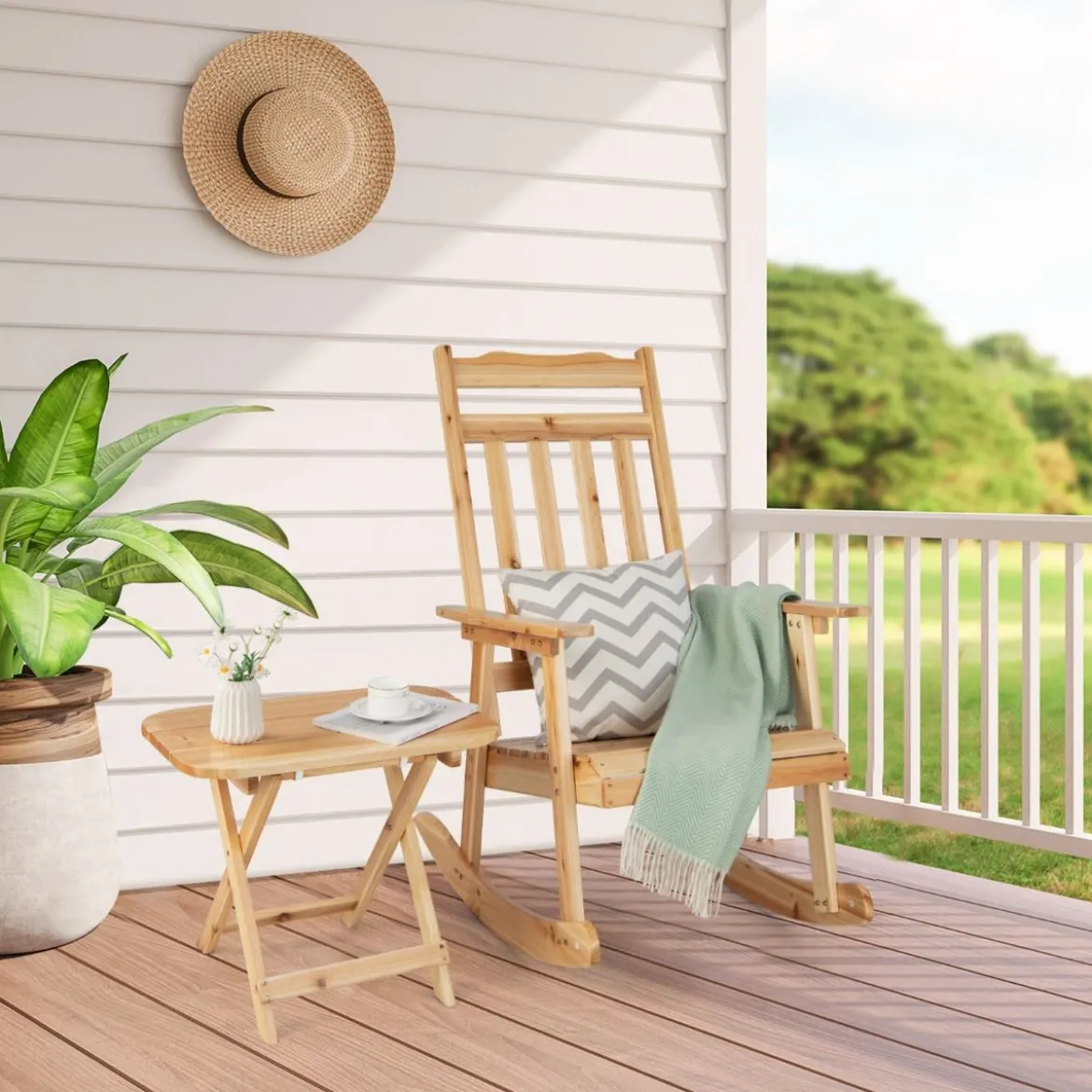 Schaukelstuhl & Klapptisch aus massivem Tannenholz Terrassenmöbel-Set Natur