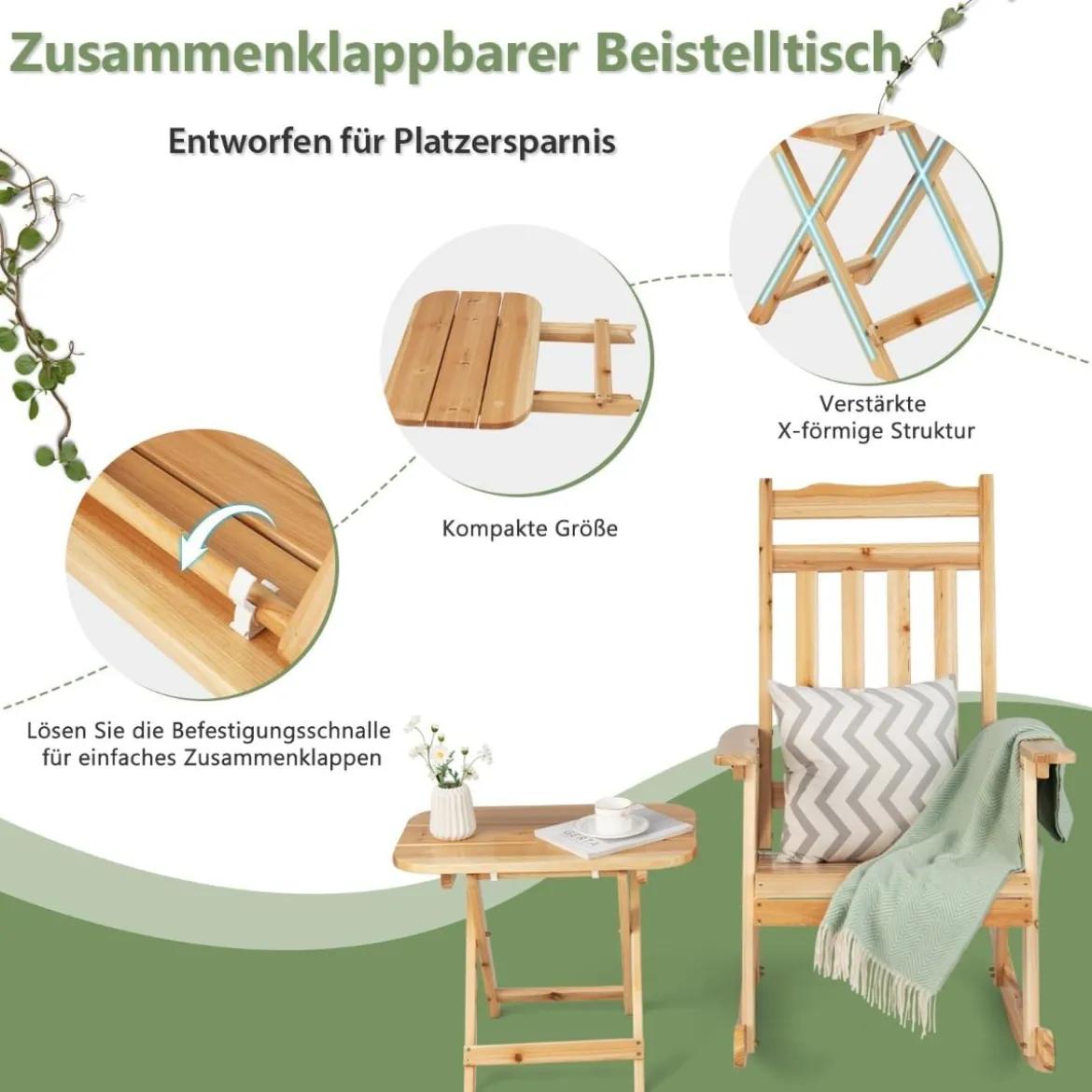 Schaukelstuhl & Klapptisch aus massivem Tannenholz Terrassenmöbel-Set Natur