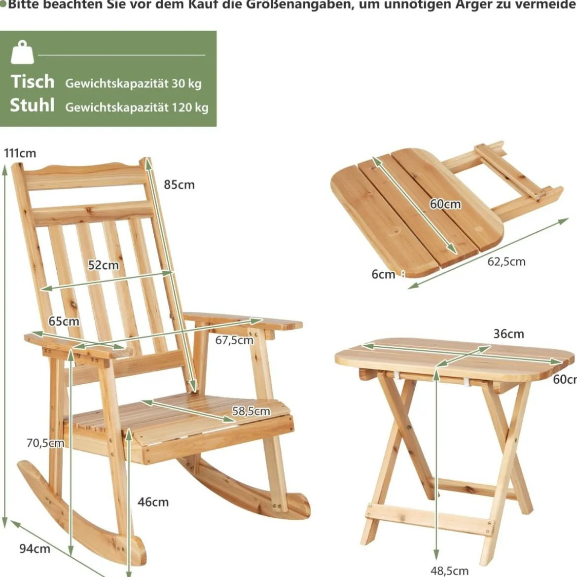 Schaukelstuhl & Klapptisch aus massivem Tannenholz Terrassenmöbel-Set Natur