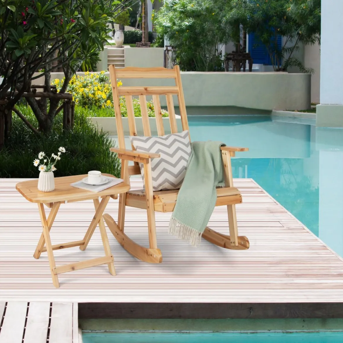 Schaukelstuhl & Klapptisch aus massivem Tannenholz Terrassenmöbel-Set Natur