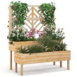 2-Schicht Gartenbett mit Spalier Holzerhöhter Pflanzenkasten mit Beinen 109 x 62 x 135 cm Natur
