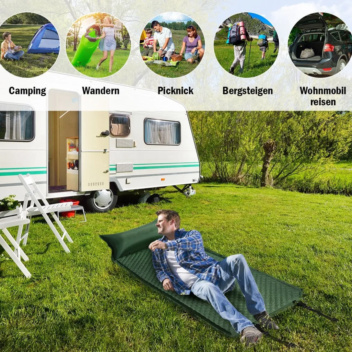 Schlafmatte selbstaufblasbar mit Kissen und Tragetasche Camping Wandern Reisen
