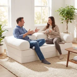 Schlafsofa 2-Sitzer Schlafsessel mit Abnehmbaren Armlehnen & Rückenlehne Faltbarer Schlafcouch Beige