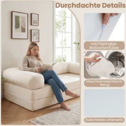 Schlafsofa 2-Sitzer Schlafsessel mit Abnehmbaren Armlehnen & Rückenlehne Faltbarer Schlafcouch Beige