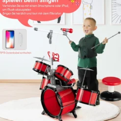 Schlagzeug Kinder Schlagzeugset mit Keyboard Hocker Mikrofon Notenstände Rot
