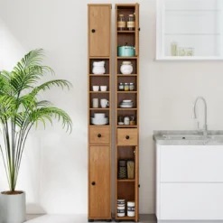 Schmaler Badschrank mit 2 Türen & 1 Schublade & Verstellbaren Regalen Badezimmerschrank Natur