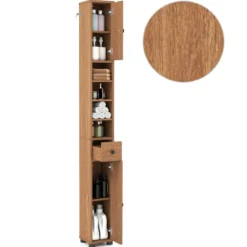 Schmaler Badschrank mit 2 Türen & 1 Schublade & Verstellbaren Regalen Badezimmerschrank Natur