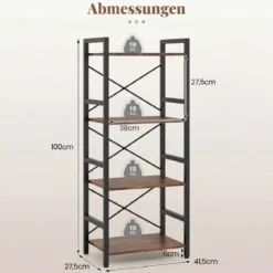 Schmaler Bücherregal 4-stöckiges freistehendes Standregal mit robustem Metallrahmen Rustikal Braun