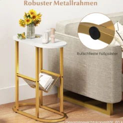 Schmaler Beistelltisch 2-stufiger ovaler Nachttisch mit Zeitschriftenschlinge platzsparender Sofatisch Weiß