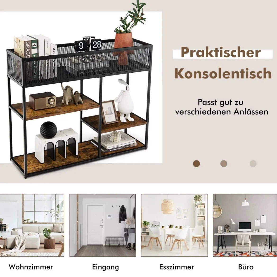 Schmaler 4 Ebenen Konsolentisch mit Drahtkorb & Stahlrahmen & Kippschutz Braun + Schwarz